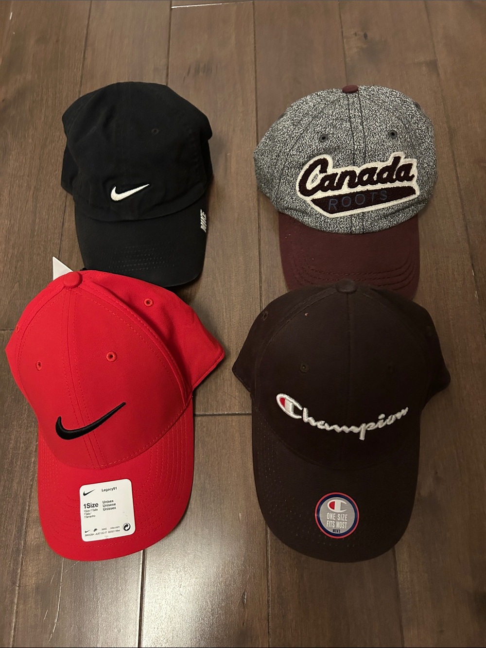 Lot of 4 adjustable hats - Nike & Champion Hat Bundle - Red, Black, Gray, Brown